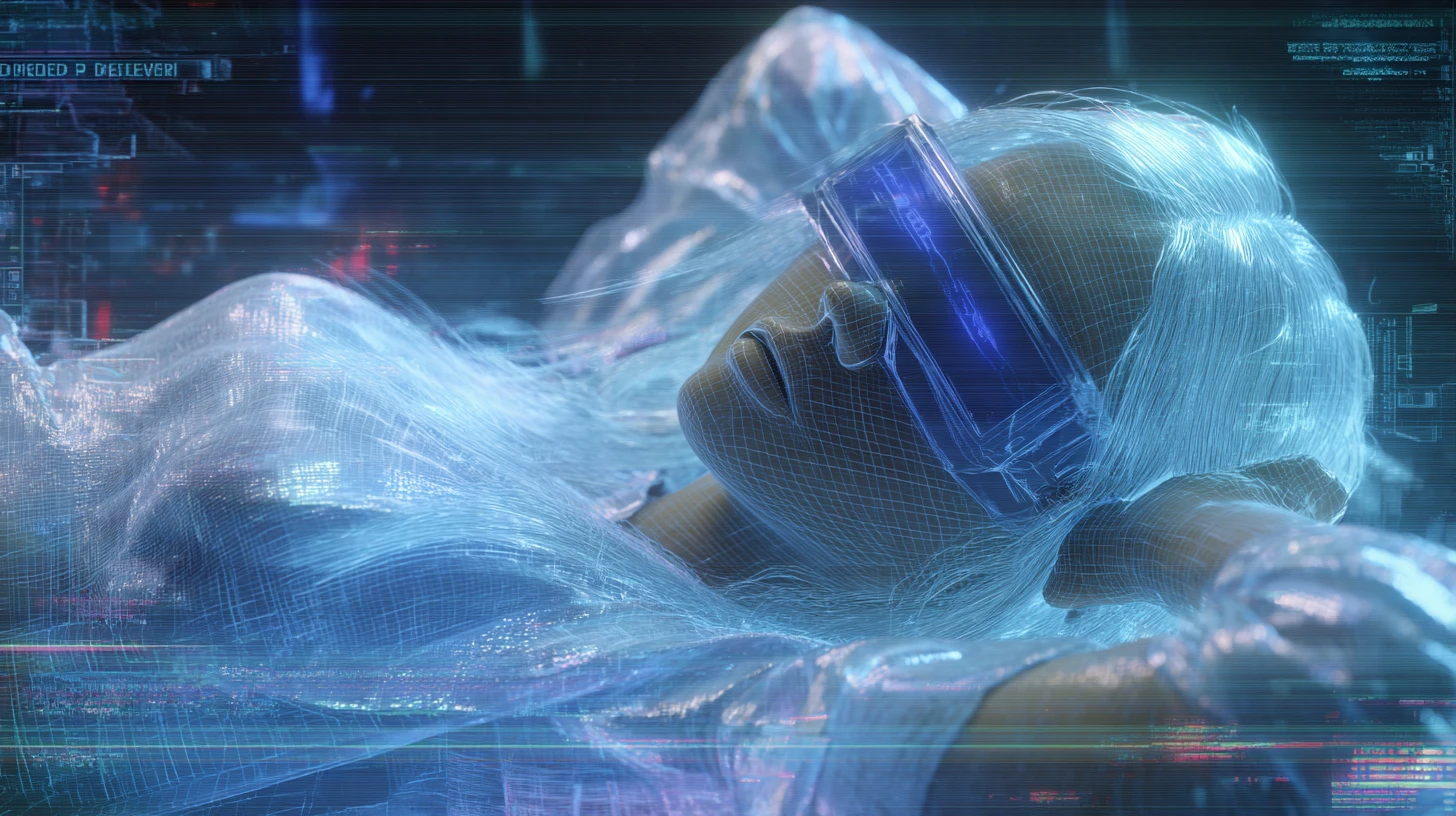Holographic woman lounging in glitchy blue cyberspace