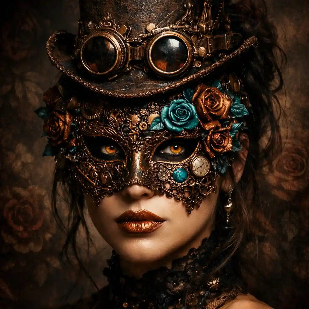 Surreal steampunk woman in venetian mask and top hat portrait
