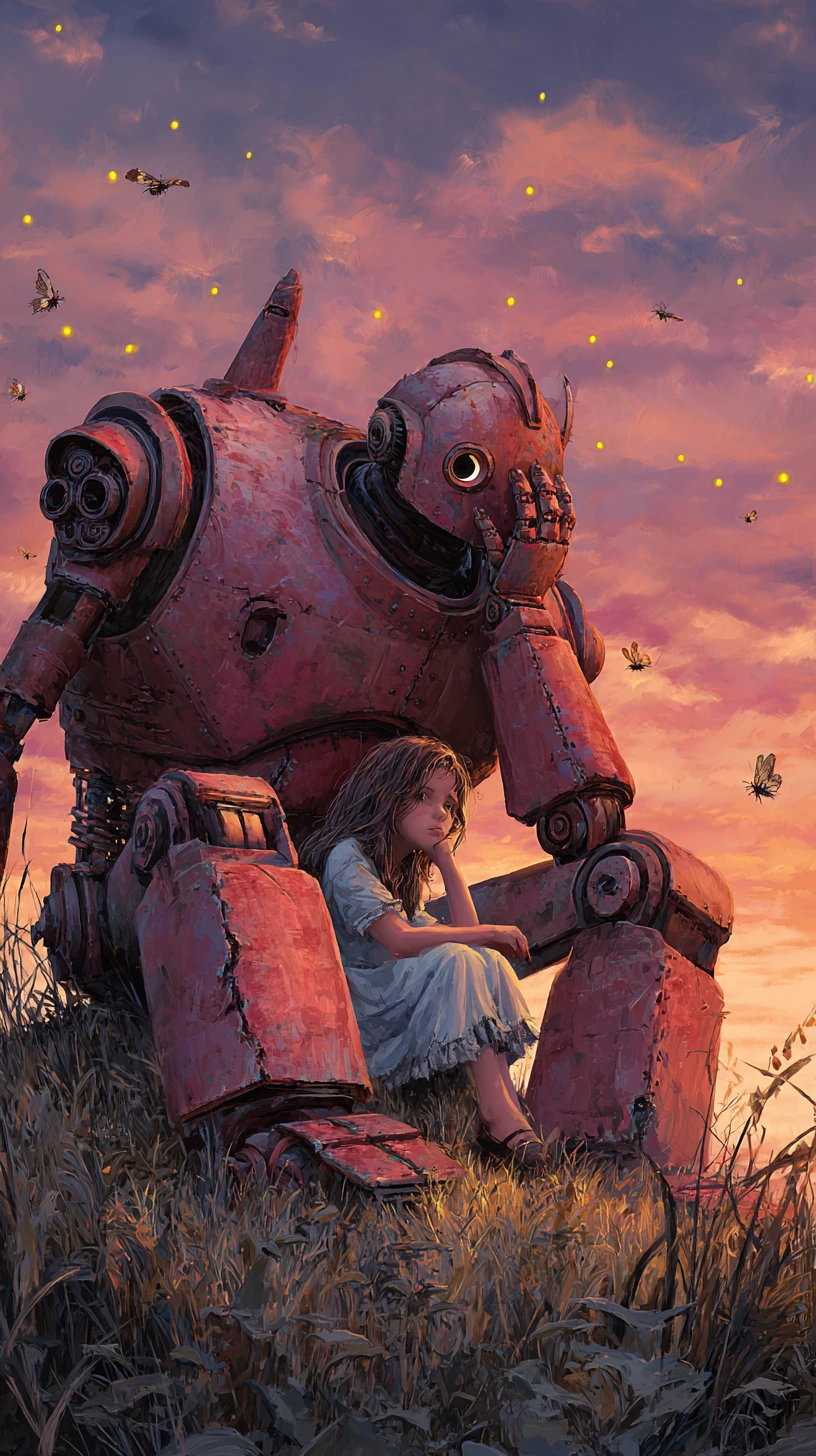 Girl on rusted robot watching golden fireflies at dusk