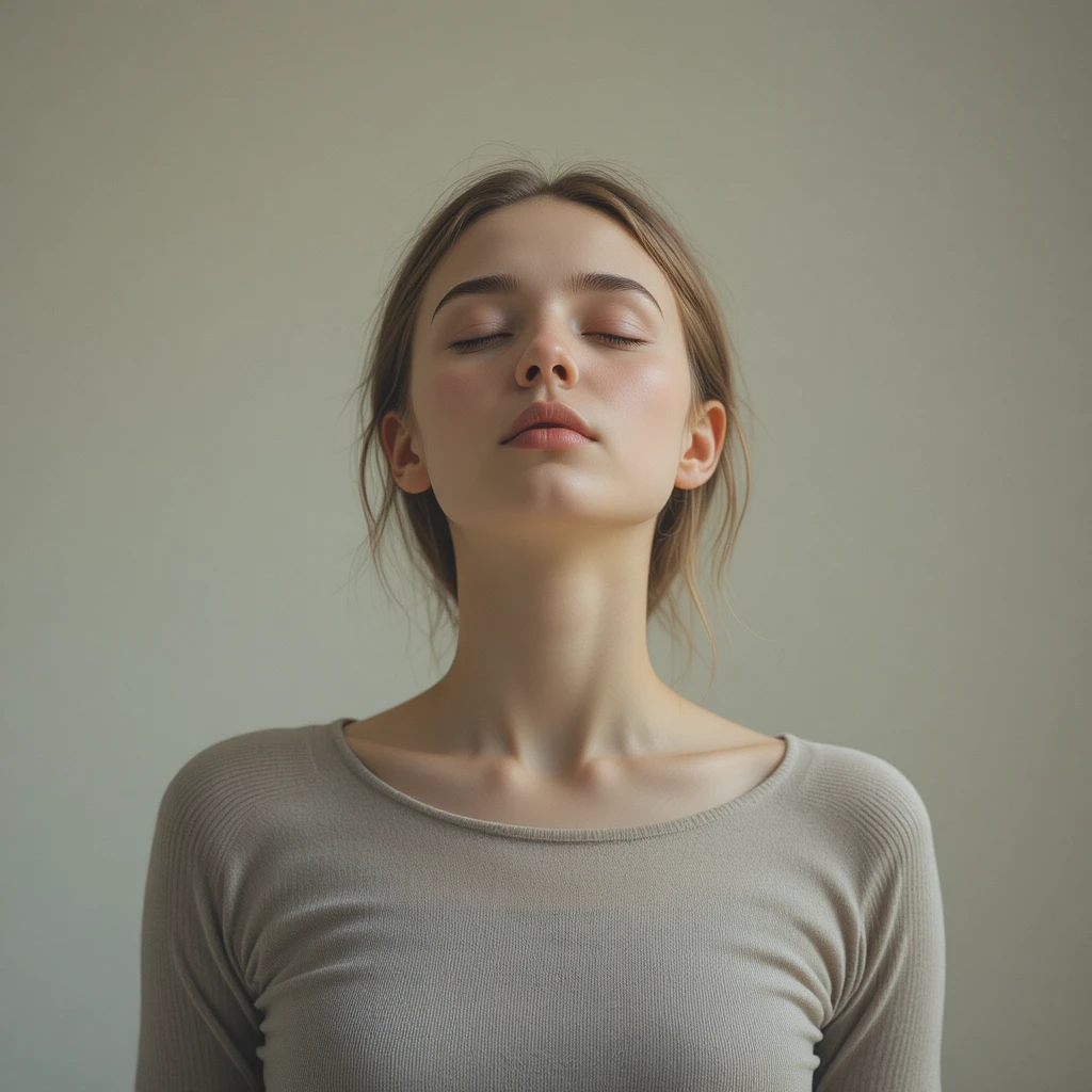 Woman exhaling gently with eyes closed in soft calm light