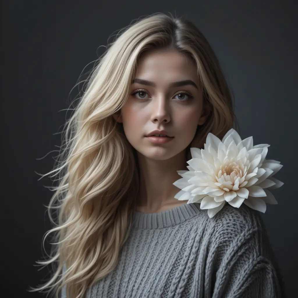 Blonde woman in knit sweater with floral shoulder detail
