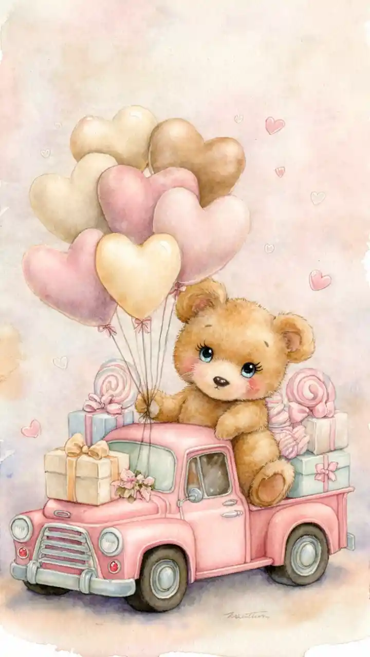 Cute teddy bear in pink truck with heart balloons