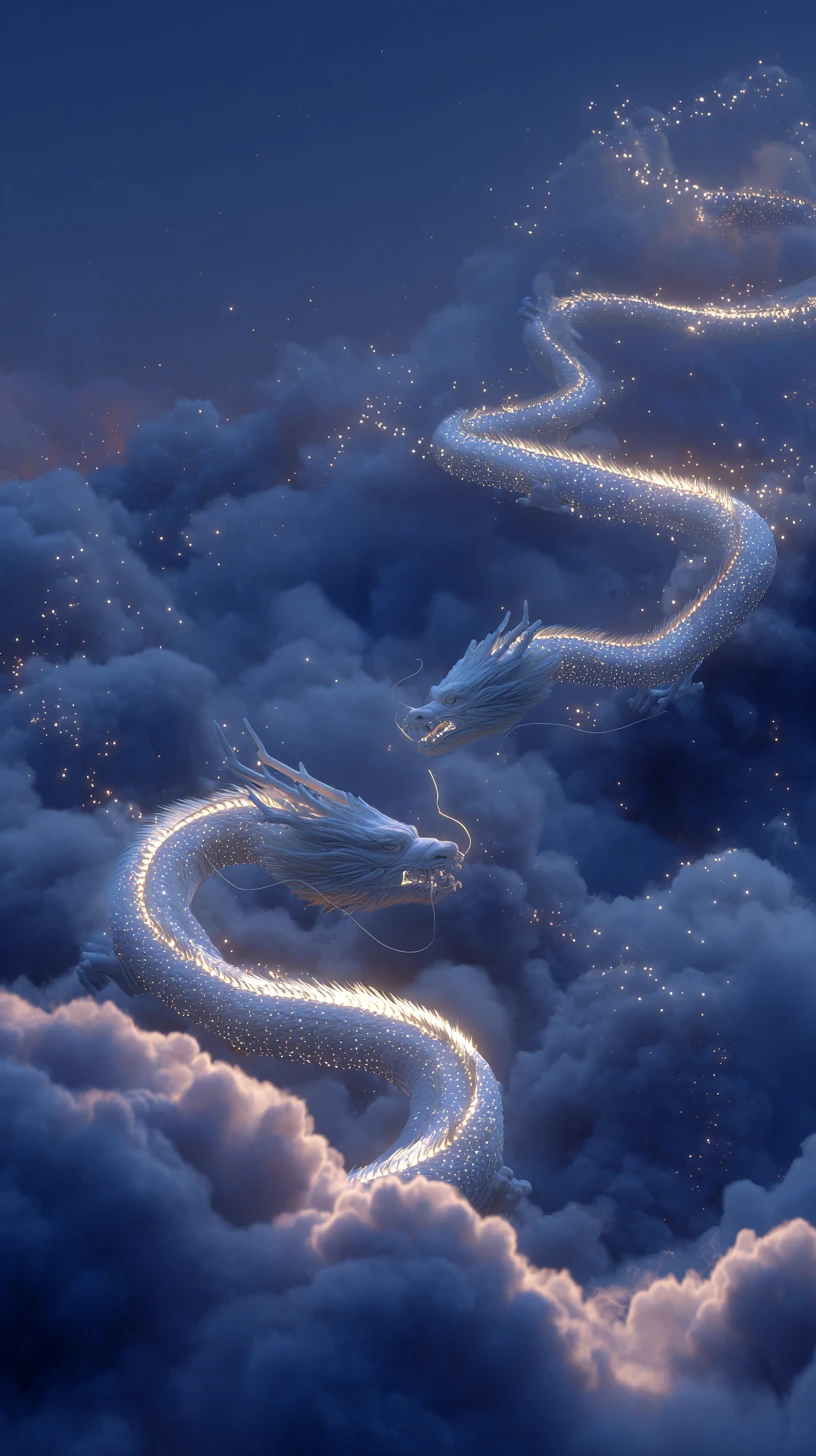 Majestic white dragon soaring across a dreamy starry sky