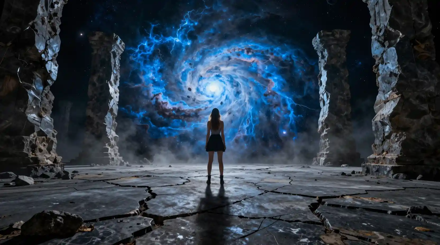 Woman on obsidian floor above vast blue cosmic nebula