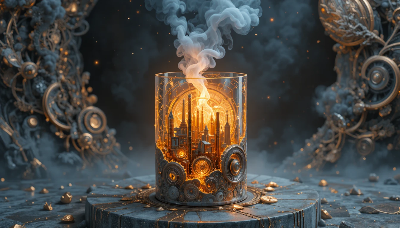 Bougie Renfermant une Ville Steampunk sur une Surface de Pierre