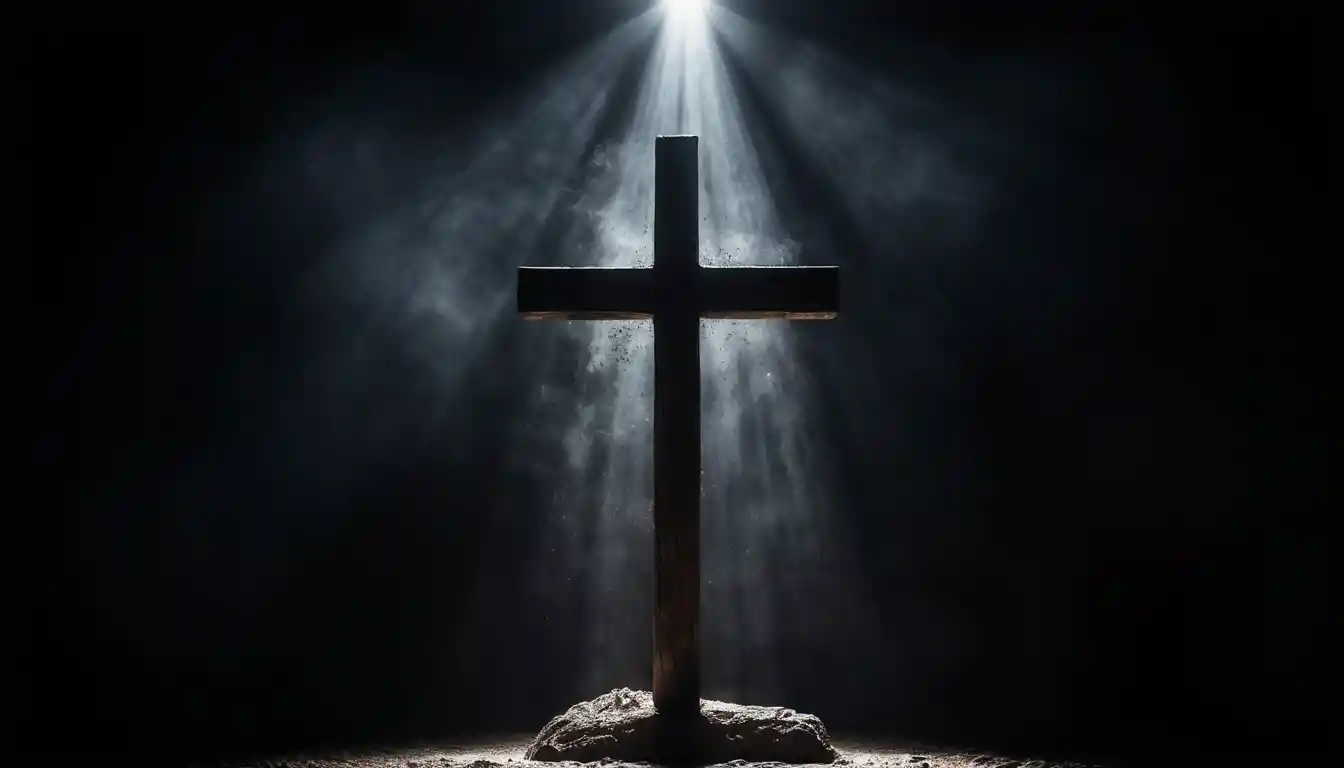 Wooden cross silhouette lit by a single dramatic beam