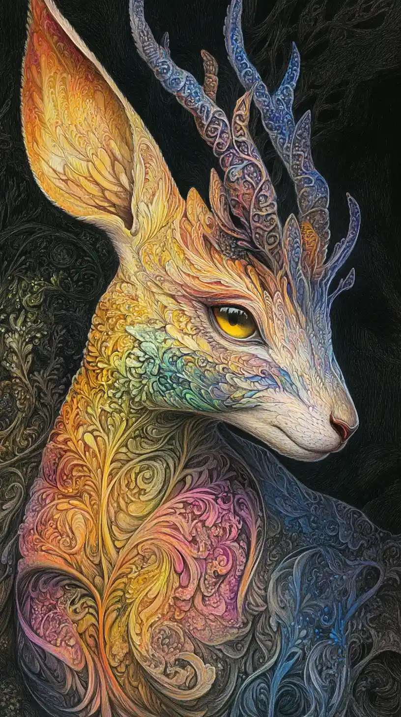 Criatura fantástica colorida emergindo de um mundo onírico