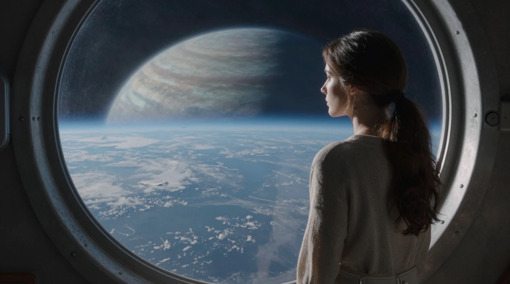 Elegant woman gazing through curved spaceship window to gas giant
