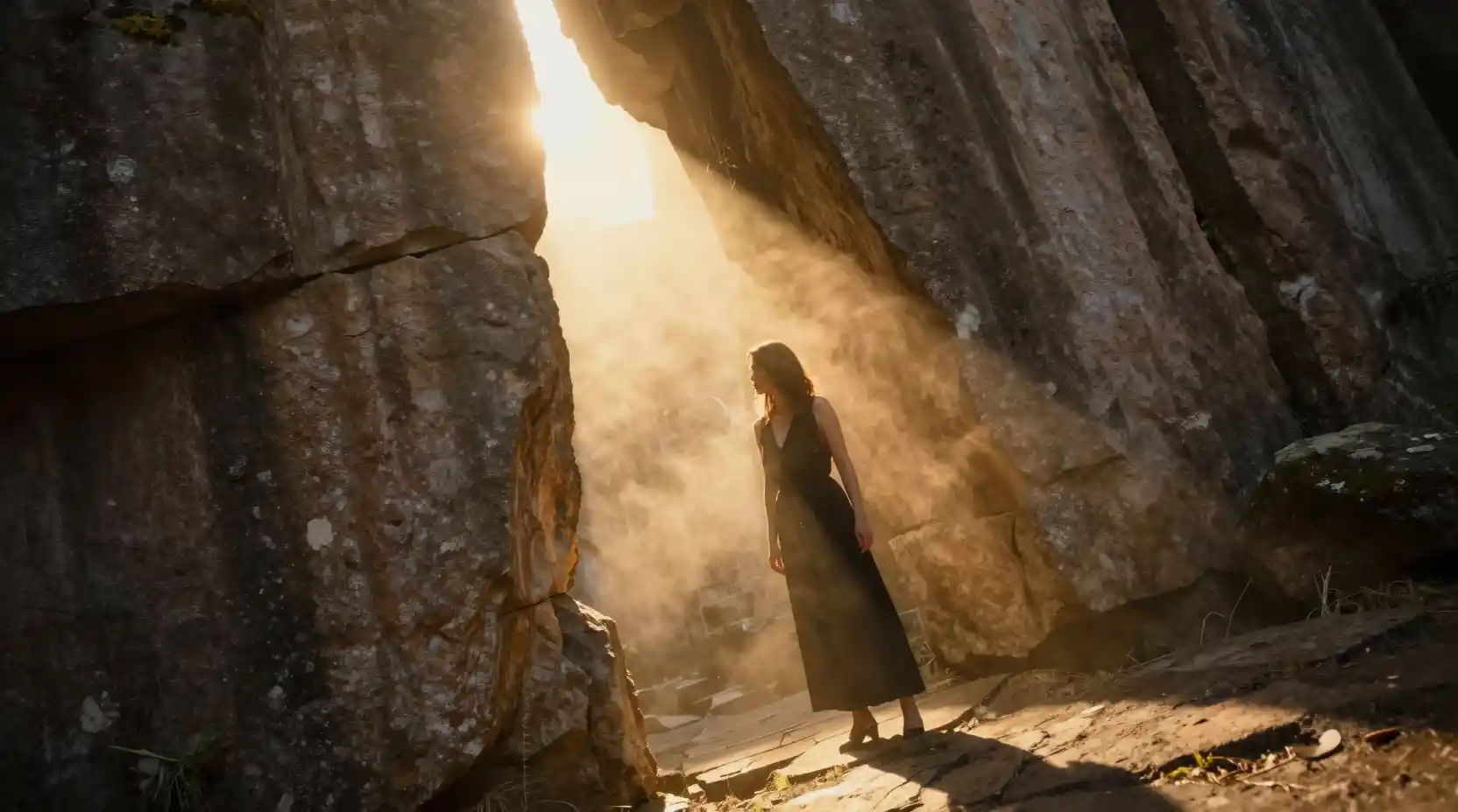 Woman framed by golden light in ancient stone ruins