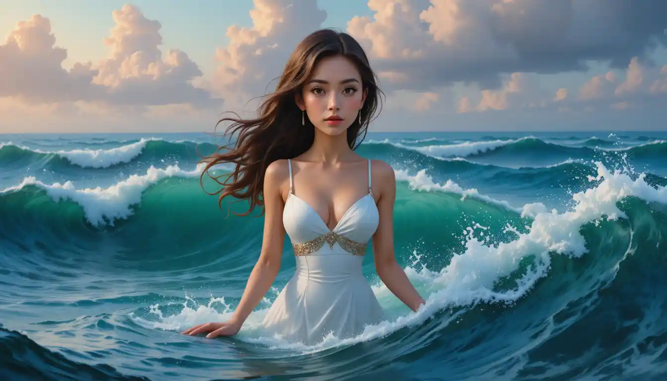 폭풍우 치는 바다에 서 있는 흰 드레스를 입은 젊은 여성