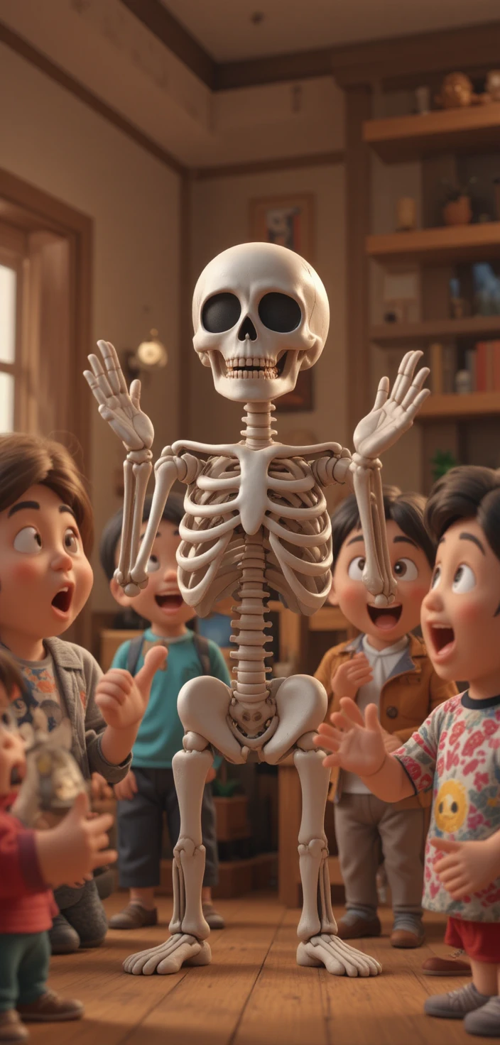 Skeleton character singing numbers with joyful children indoors