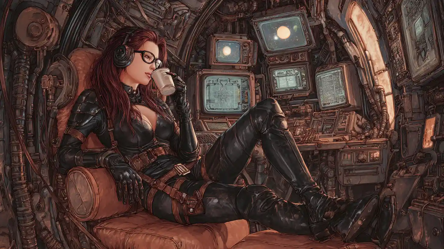 Athletic woman in black leathersuit inside old rusty spaceship