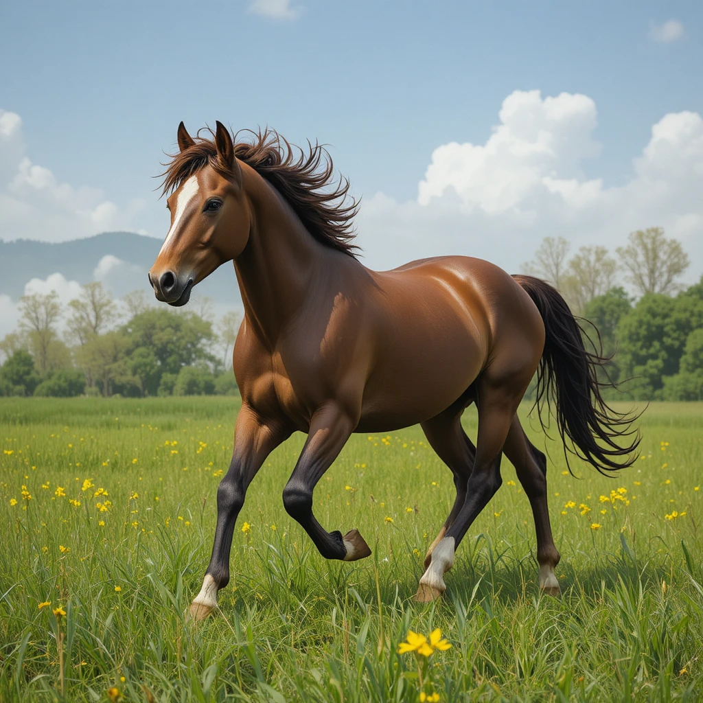Horse running across a lush green field in mid stride