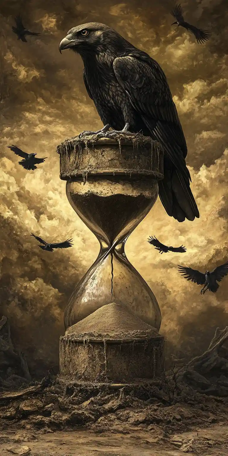 Hawk On Cracked Hourglass In Dark Surreal Landscape