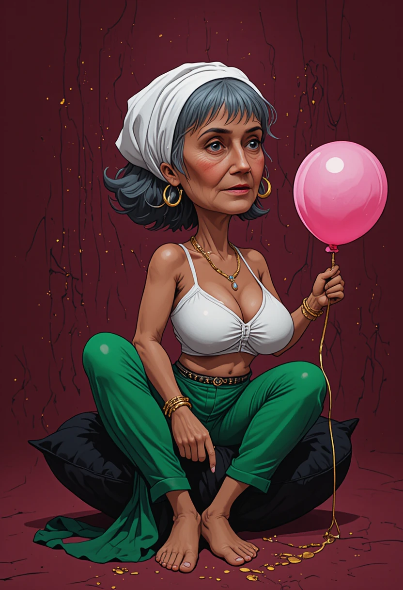 Curvy woman with pink balloon against deep maroon background