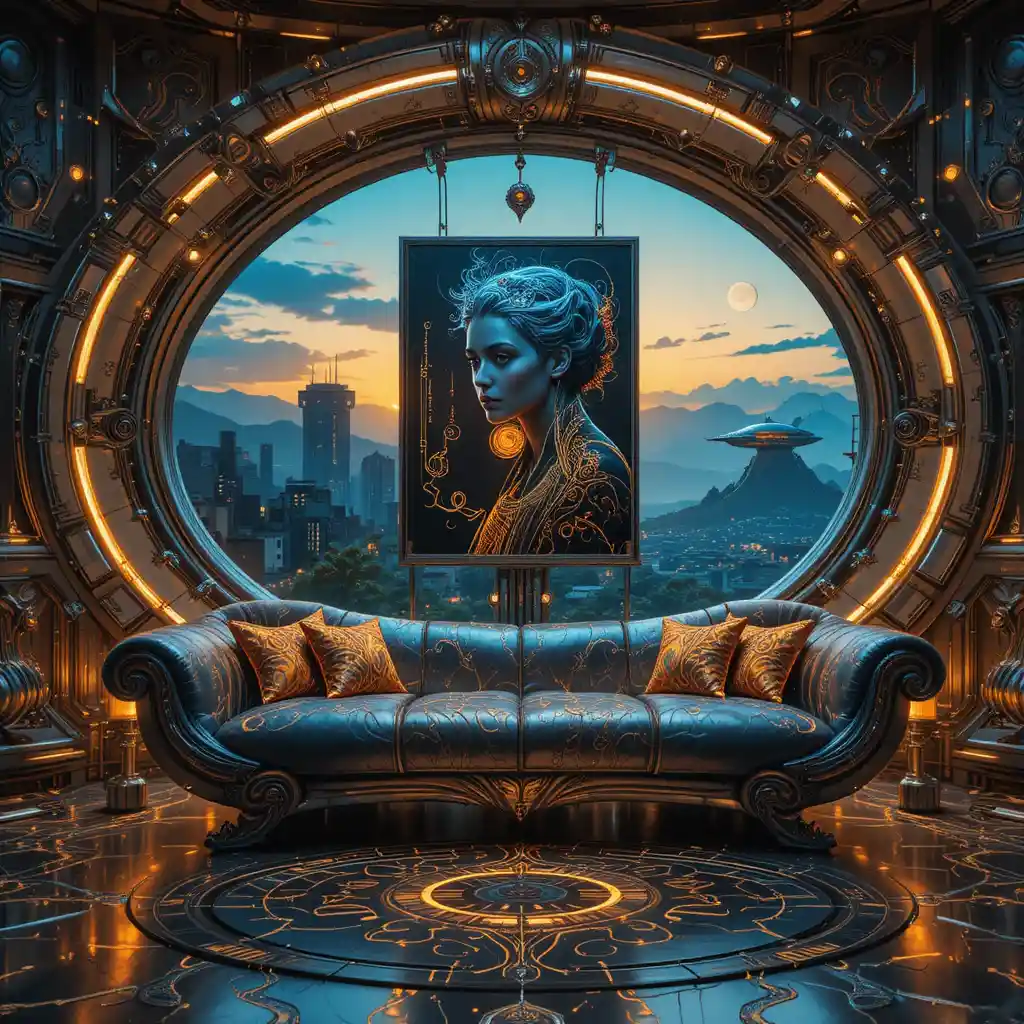 Sala de Estar Barroca Futurista con Sofá Metálico y Vista a la Ciudad