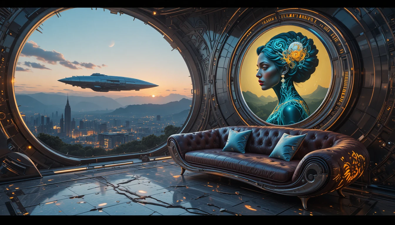 Futuristic baroque industrial room with metallic sofa