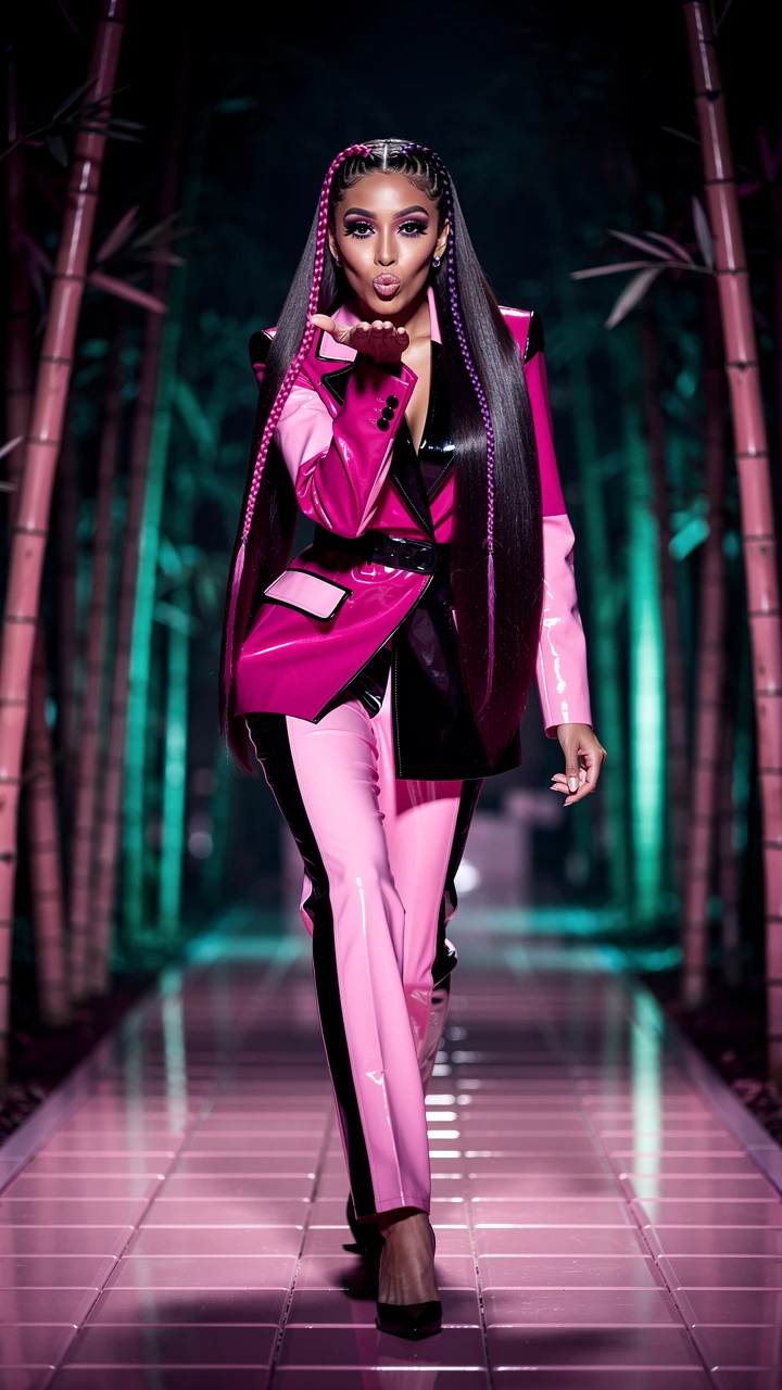 Modella couture bubblegum che manda un bacio in una strada fantastica