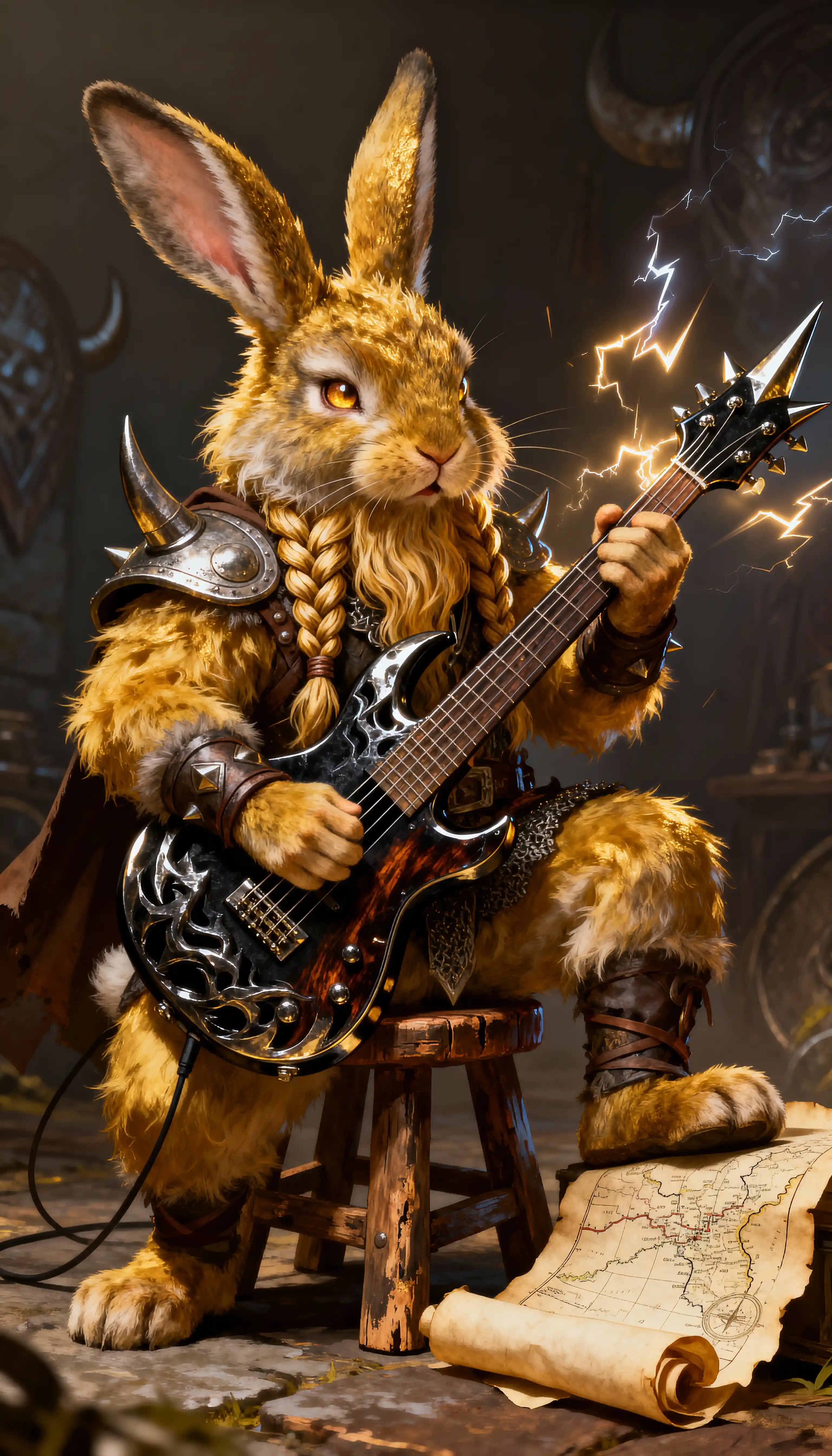 Viking warrior rabbit playing heavy metal bass on a stool