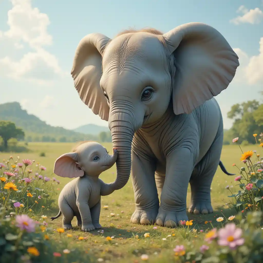 Baby elephant gently smelling a single forest flower