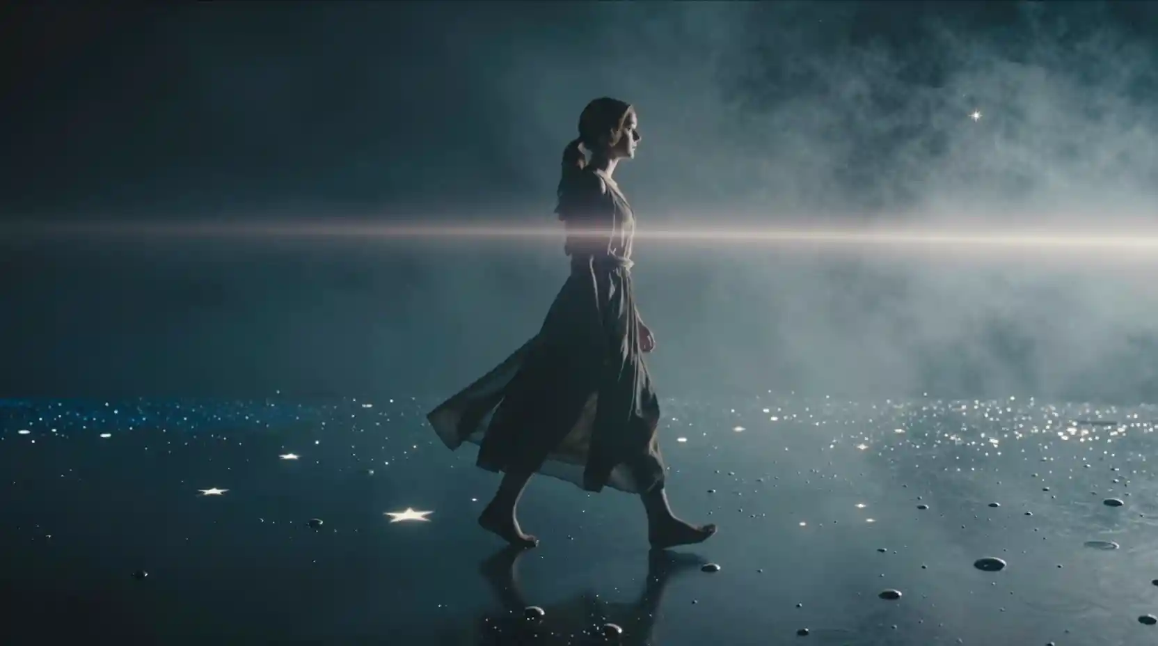 Young woman walking through foggy futuristic chamber floor