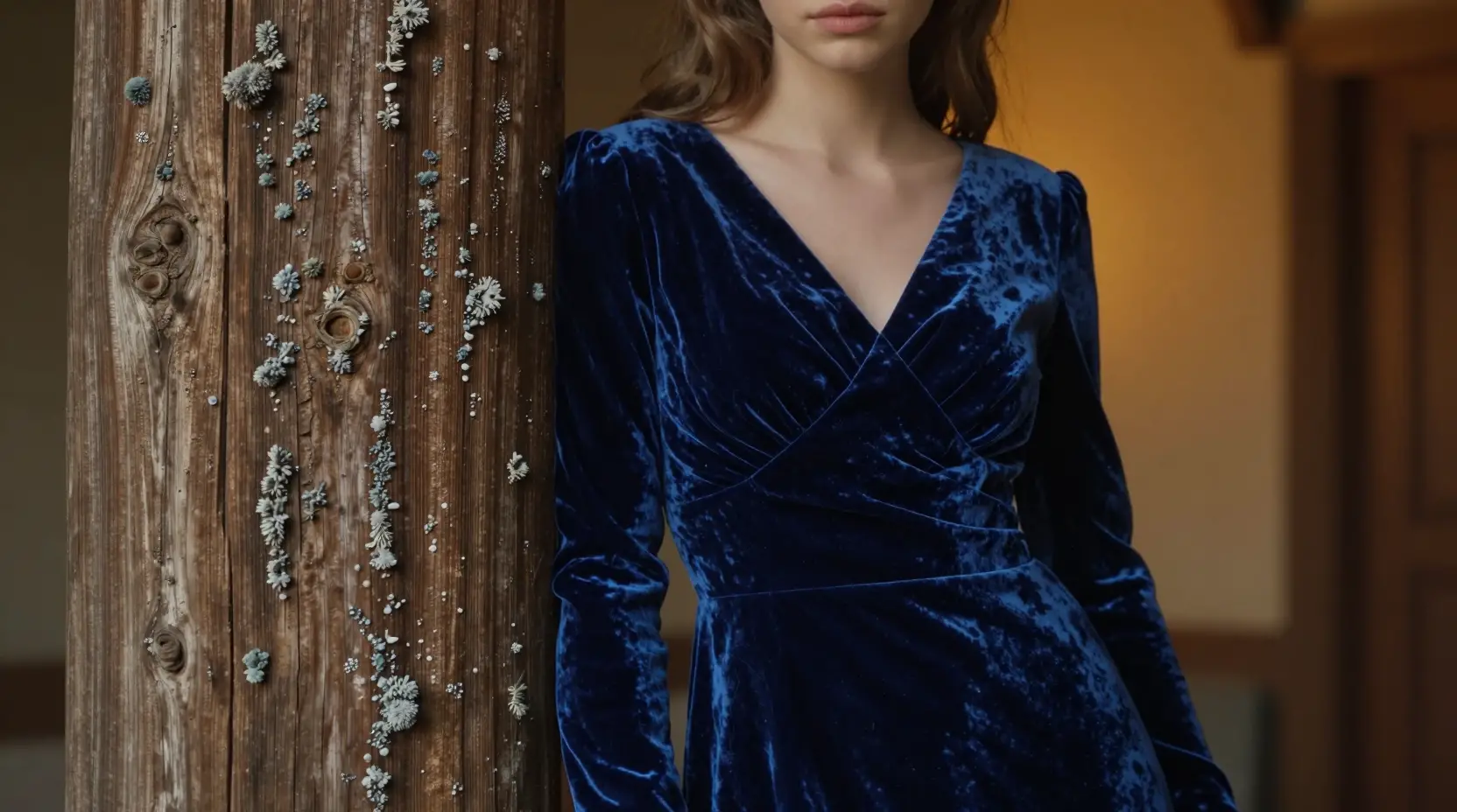 Joven con vestido de terciopelo junto a pilar de madera envejecida