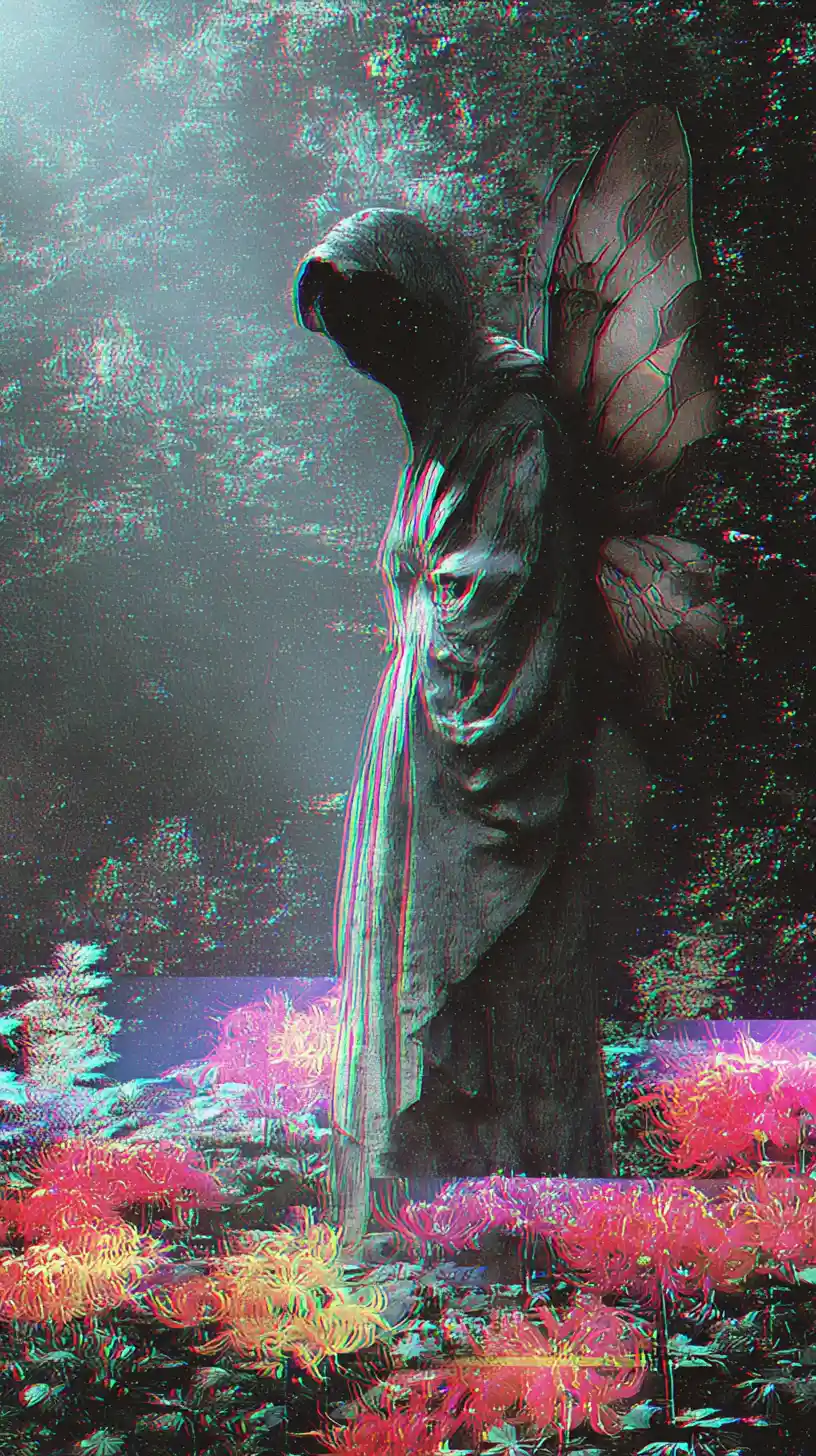 Figura de monstruo borrosa en un jardín nocturno neón vaporwave
