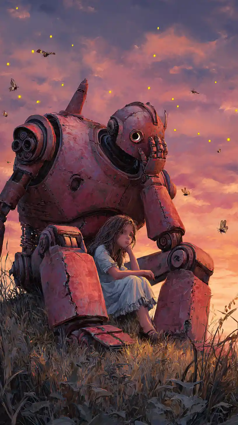 Girl on rusted robot watching golden fireflies at dusk