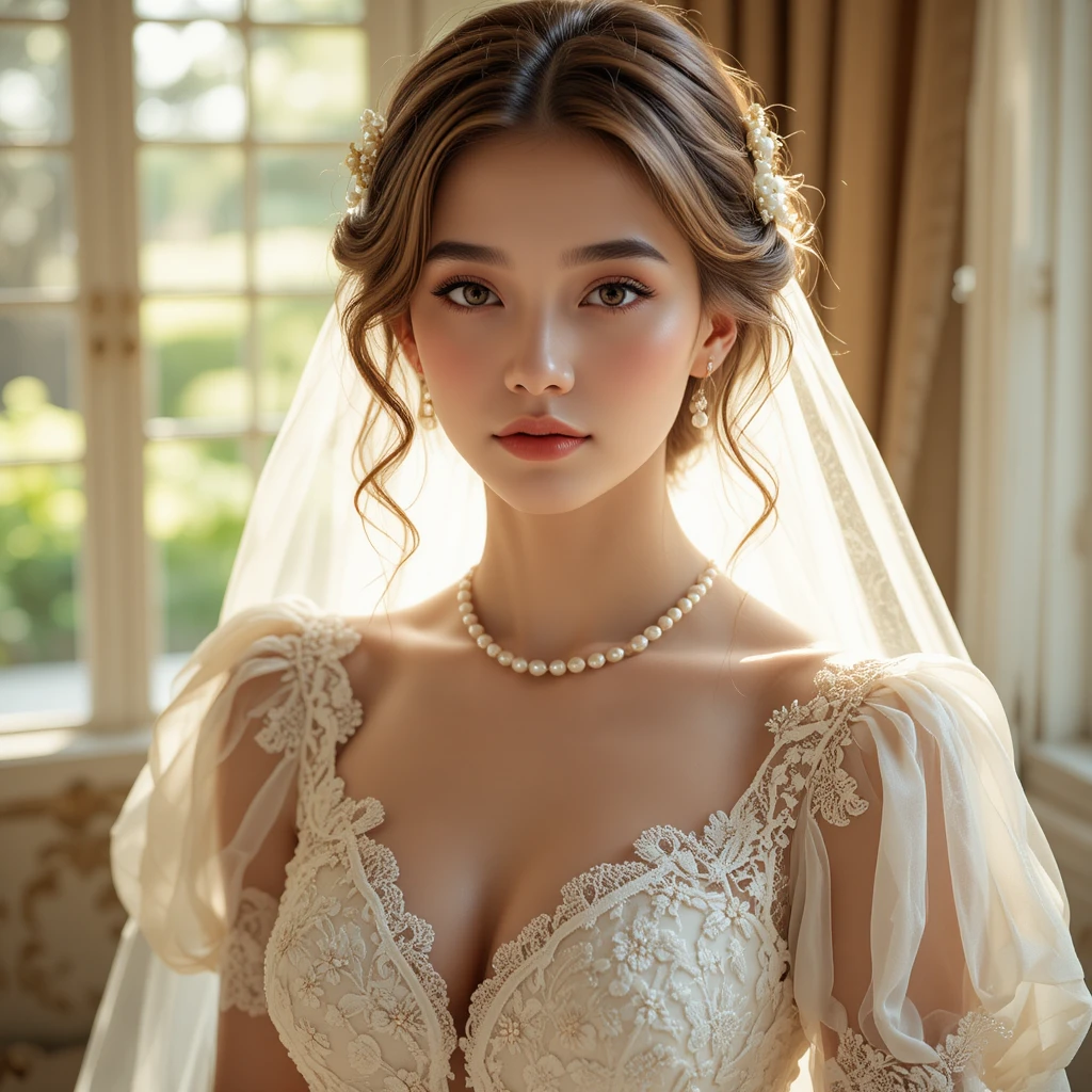 Romantic bridal portrait in vintage lace and pearls