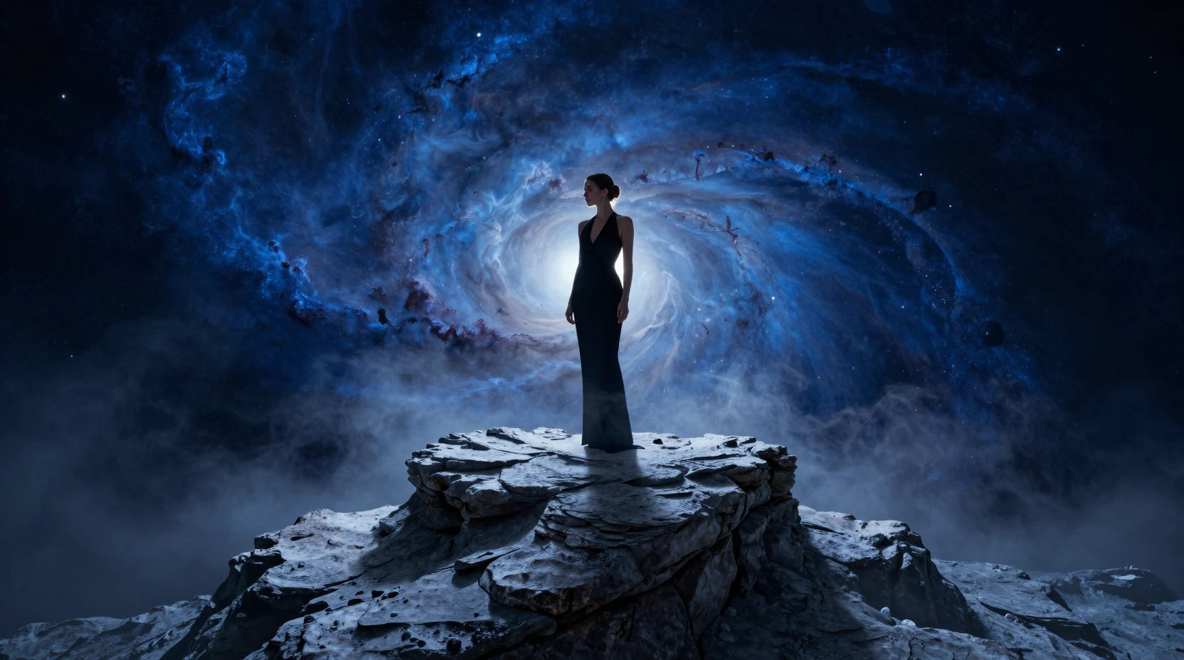 Woman on a lone basalt mesa in a swirling cosmic nebula