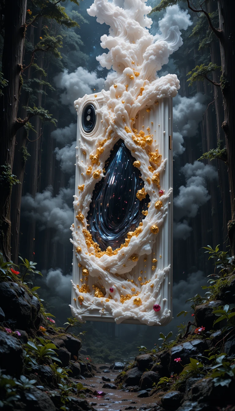 Montañas de Oro Surrealistas Elevándose en un Vacío de Ópalo en un Bosque Oscuro