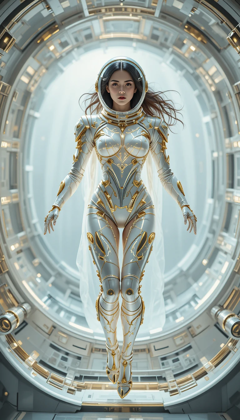 Femme futuriste en combinaison d’astronaute blanche et dorée dans l’espace