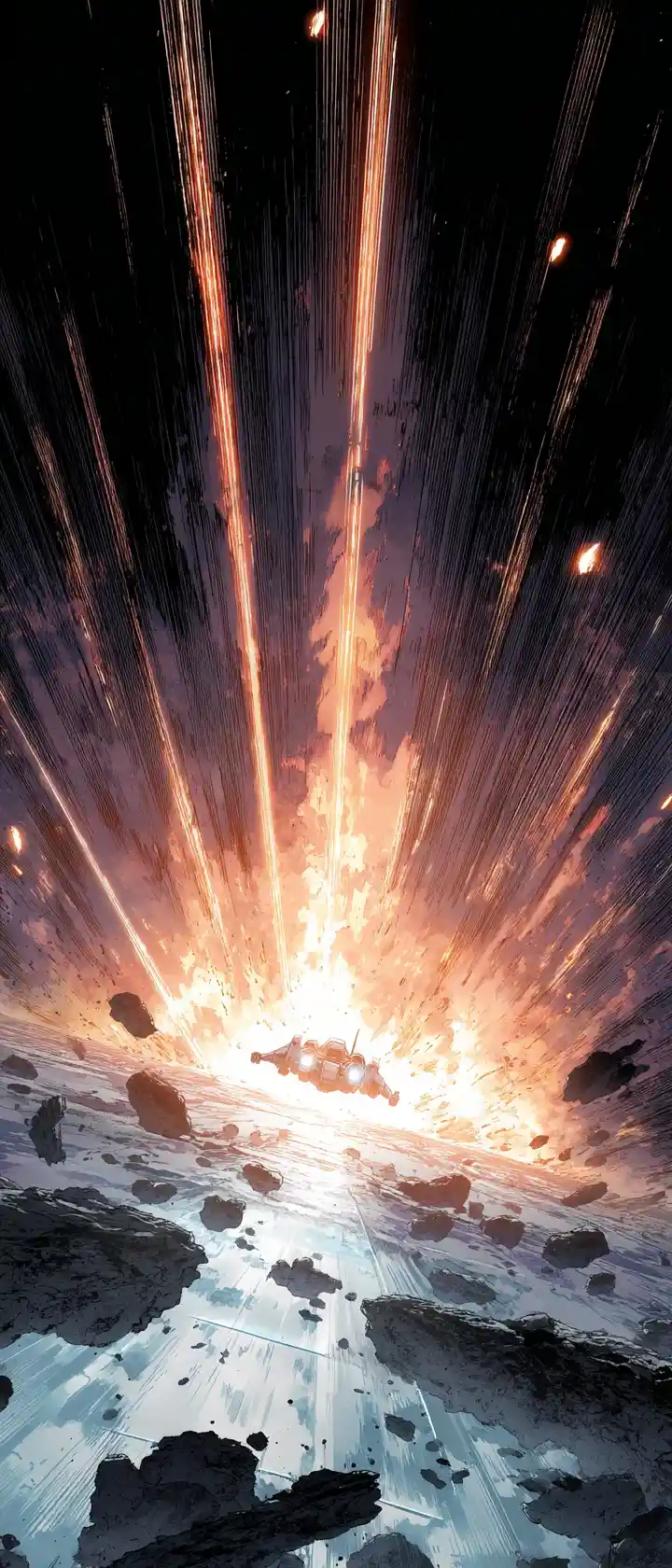 Mech pilot ejecting through shattered cockpit in blazing ascent
