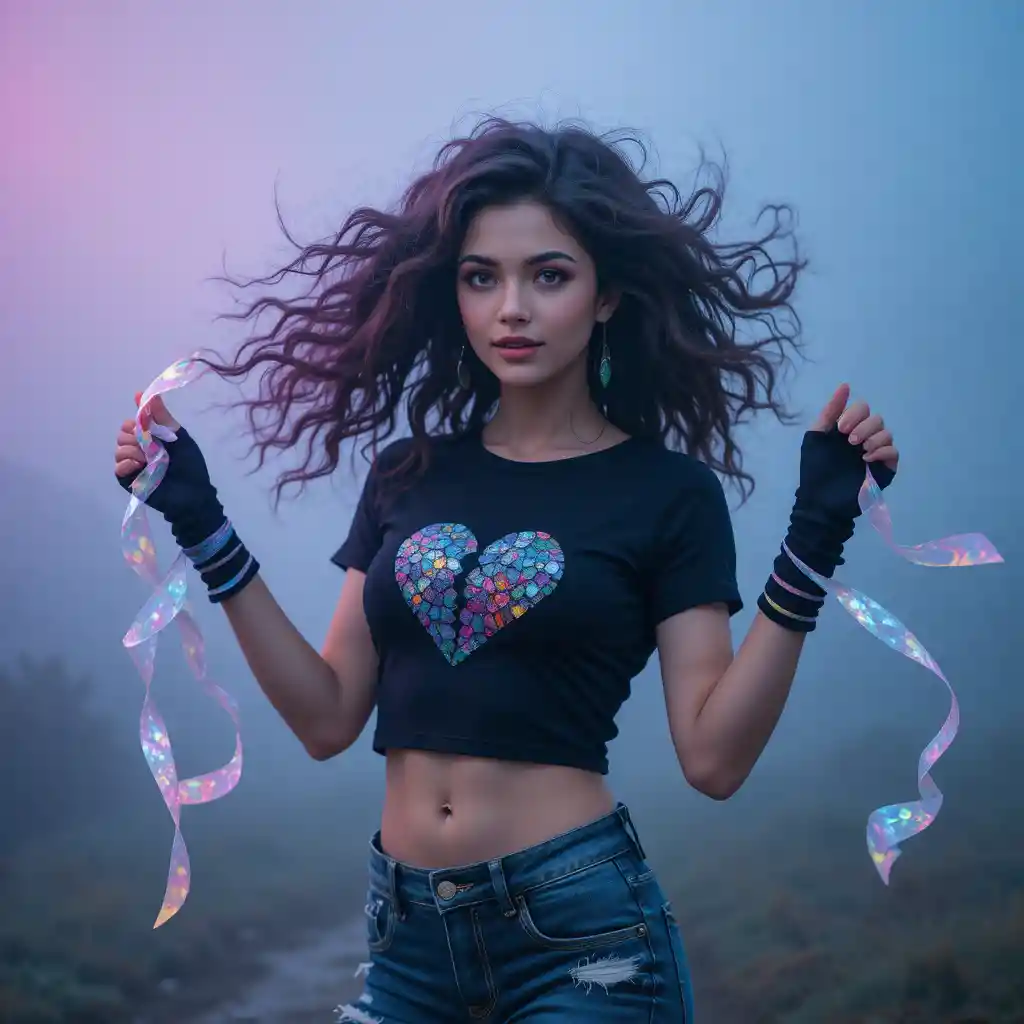 Emo girl dancing in fog with shimmering ribbon