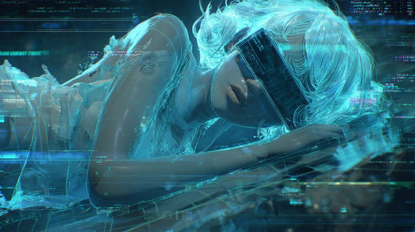 Holographic woman lounging in glitchy blue cyberspace