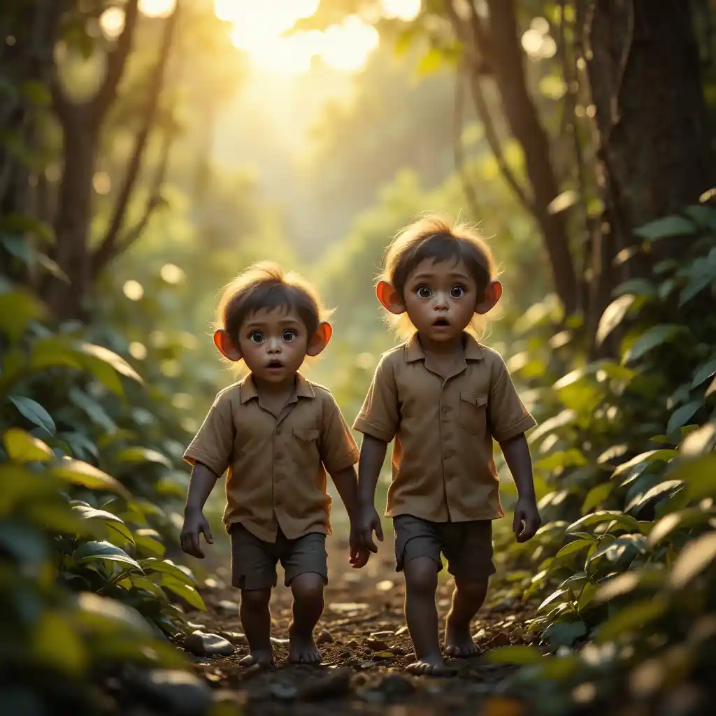 Two frightened young monkeys walking through dense jungle