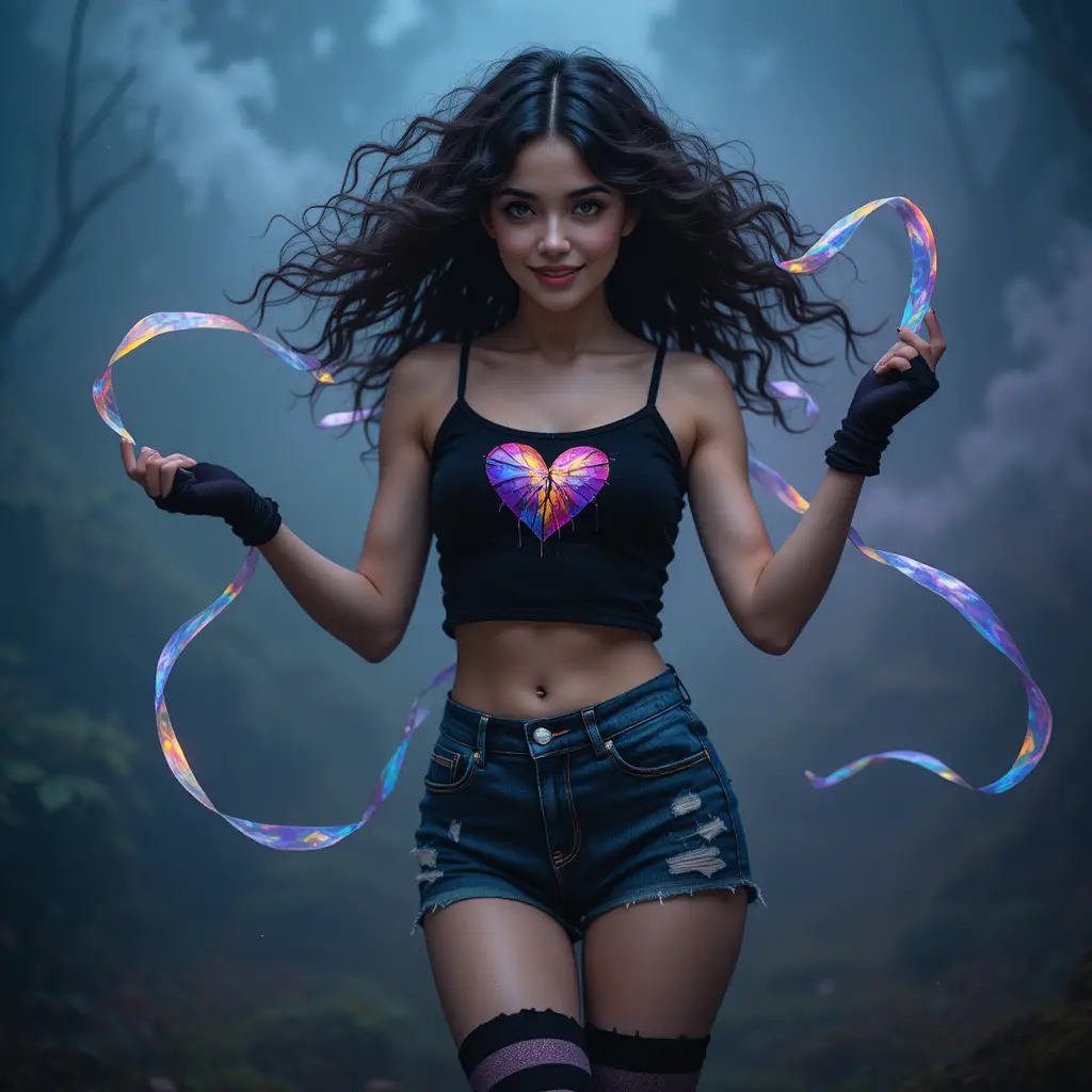 Emo girl dancing in fog with shimmering ribbon