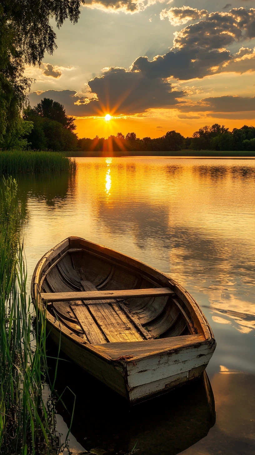 Barca a remi di legno su lago calmo al tramonto dorato e drammatico