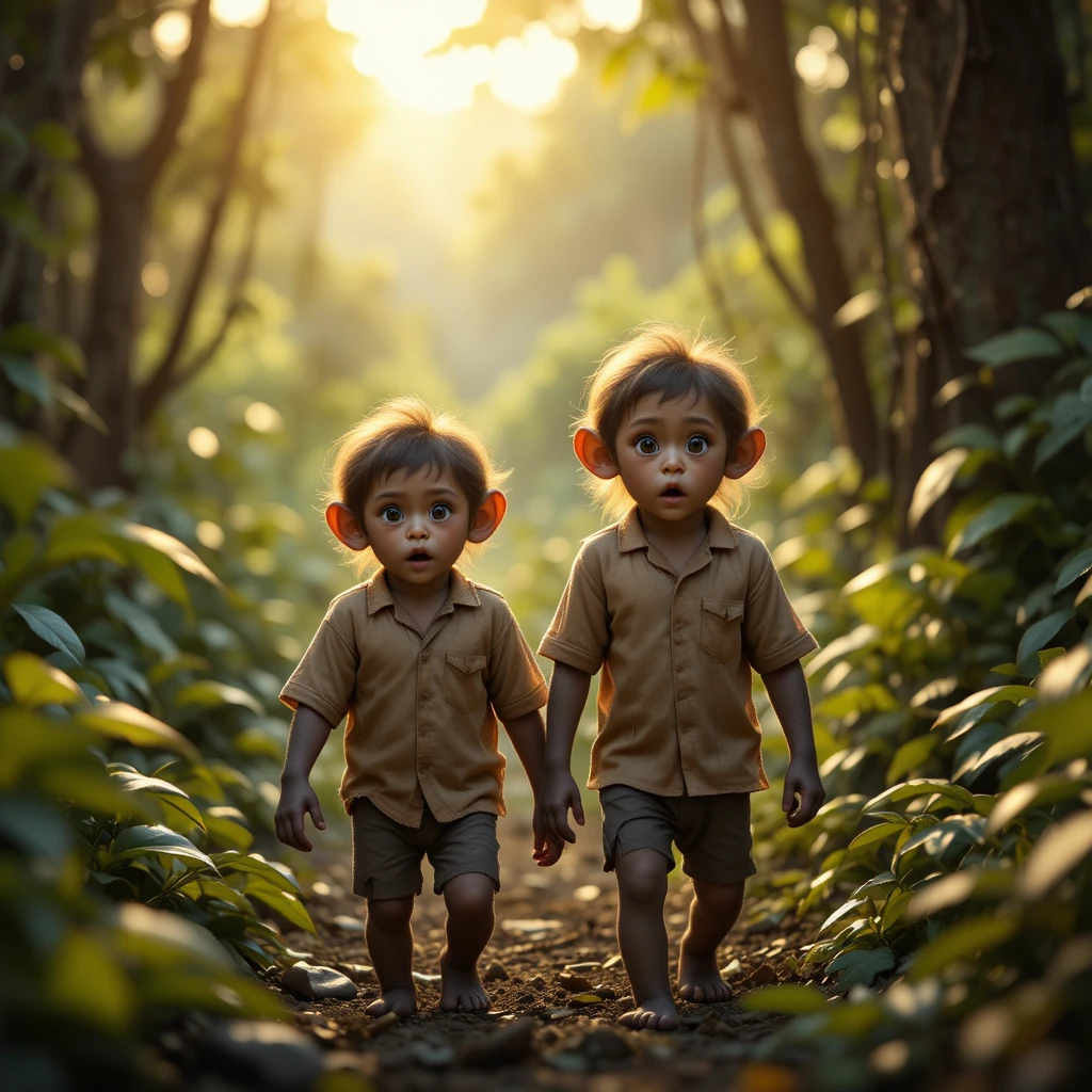 Dos jóvenes monos asustados caminando por la densa jungla