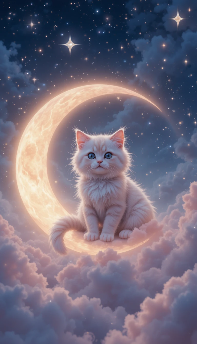 Adorable gato esponjoso sobre una luna de perla brillante