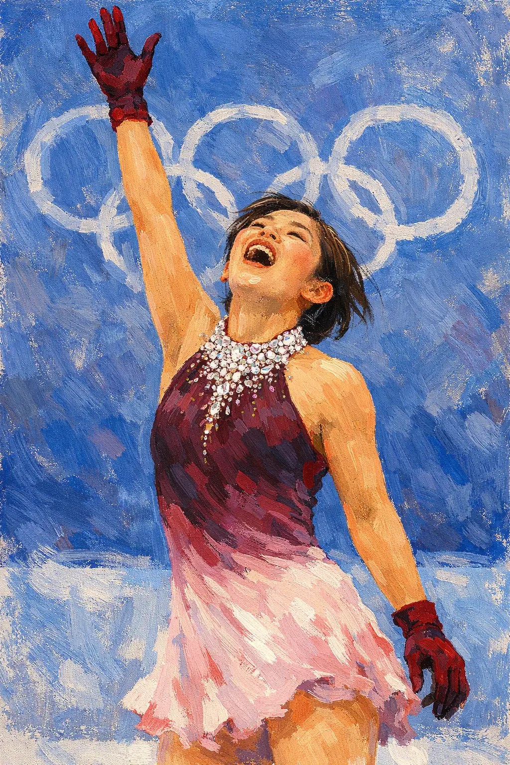 Emotional figure skater in burgundy and pink painted costume