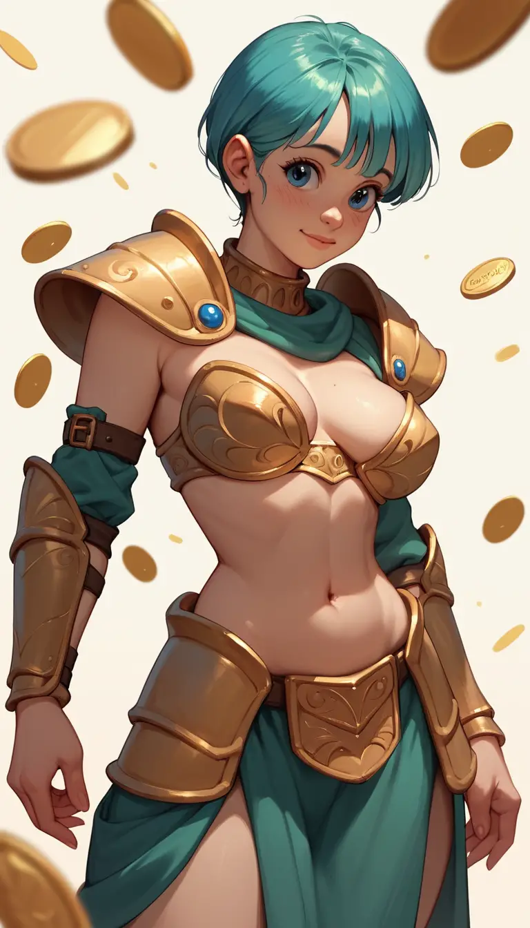 金貨とクローバーに囲まれた華やかなアニメ風女戦士