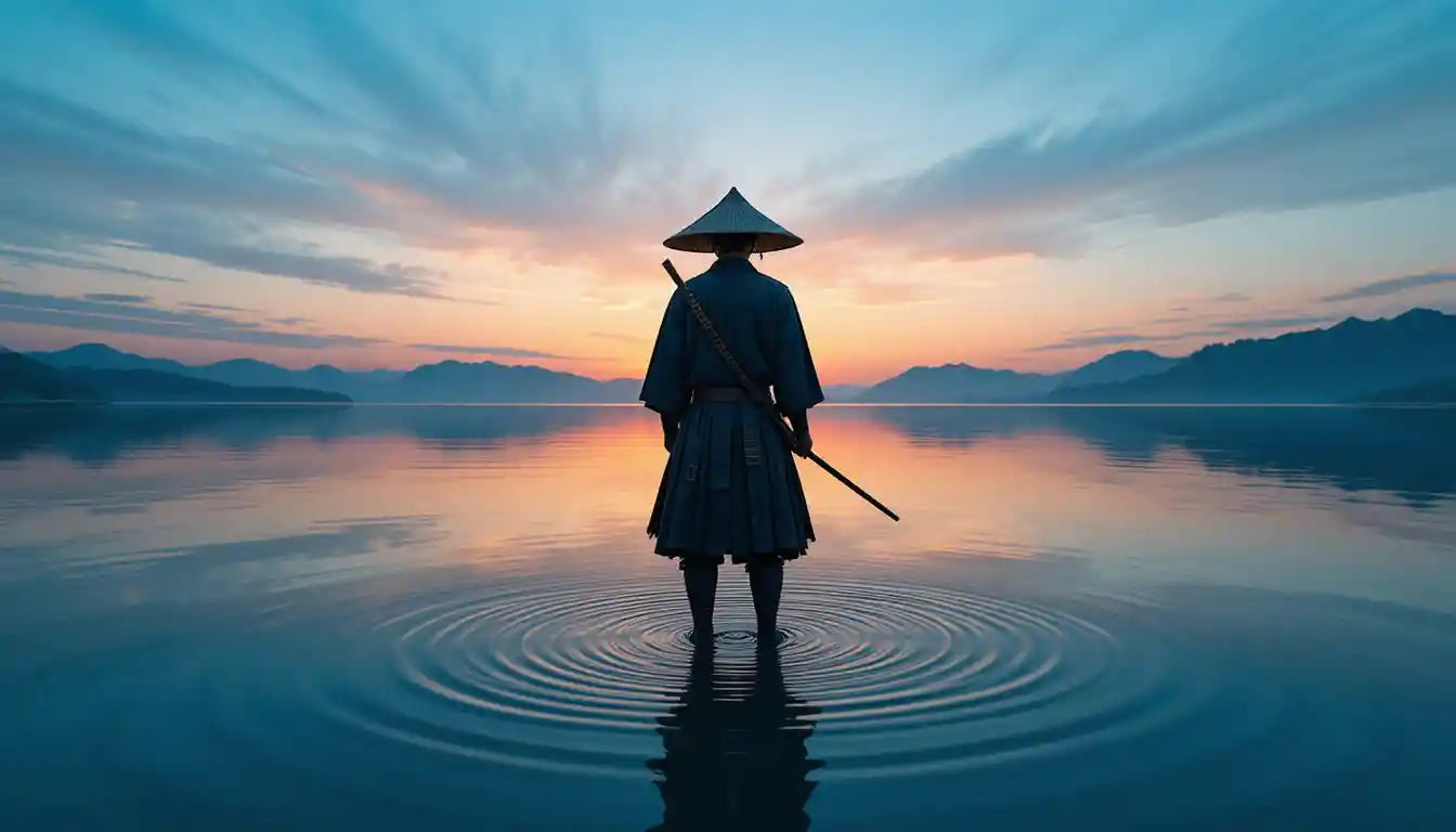 Lone samurai standing in mirrored water at sunrise
