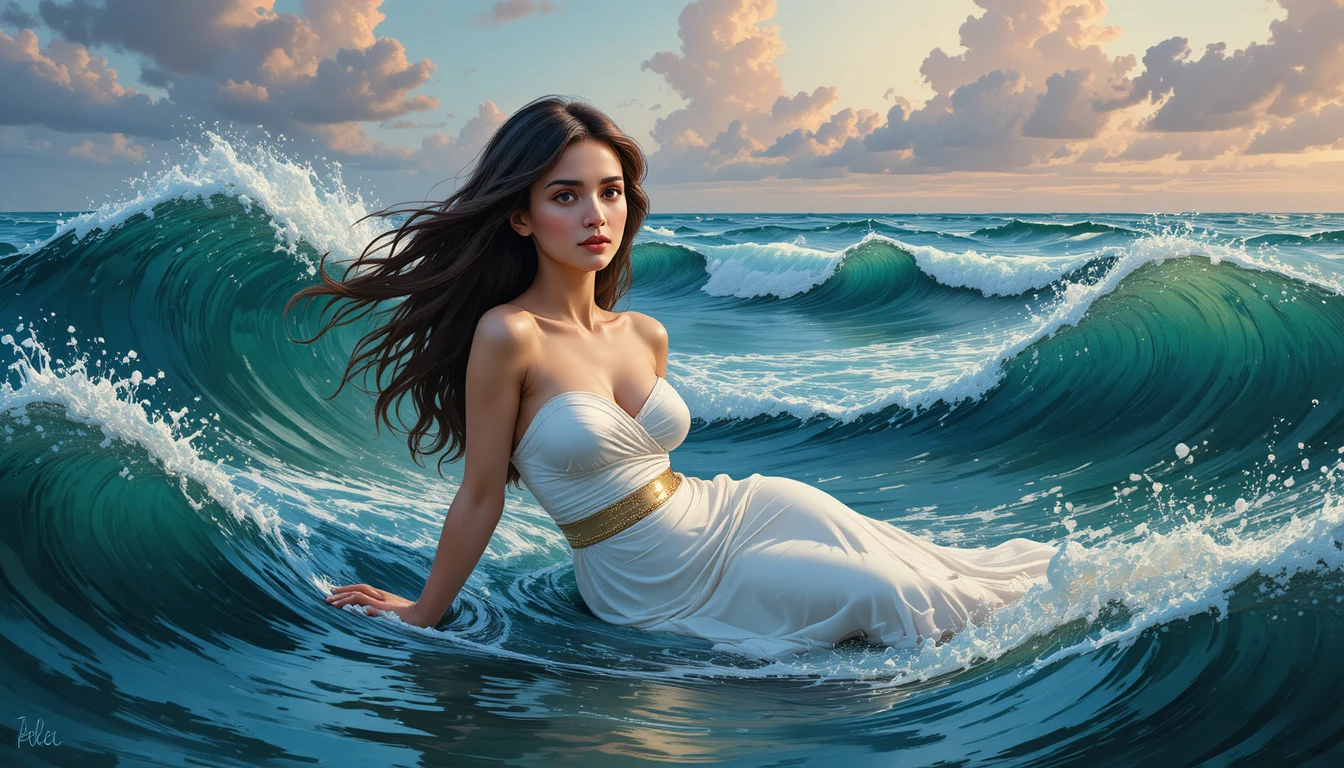 Young woman in white dress standing in stormy ocean