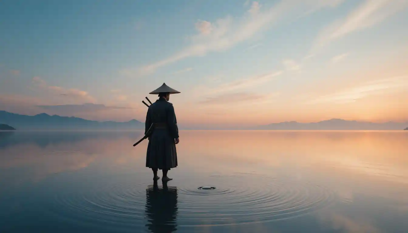 Lone samurai standing in mirrored water at sunrise