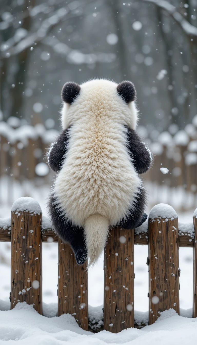 Bébé panda blanc tout doux assis sur une clôture en bois enneigée
