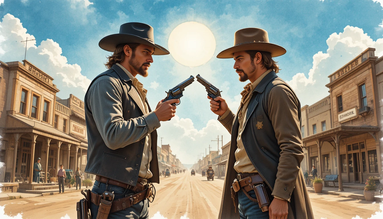 Dos vaqueros enfrentándose en una soleada calle principal del oeste