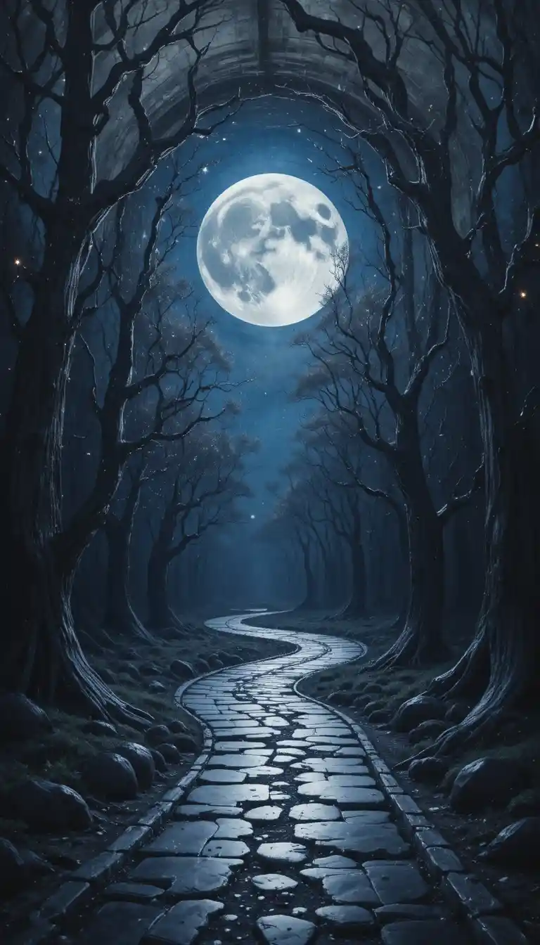Mystical metallic labyrinth under moonlit night sky