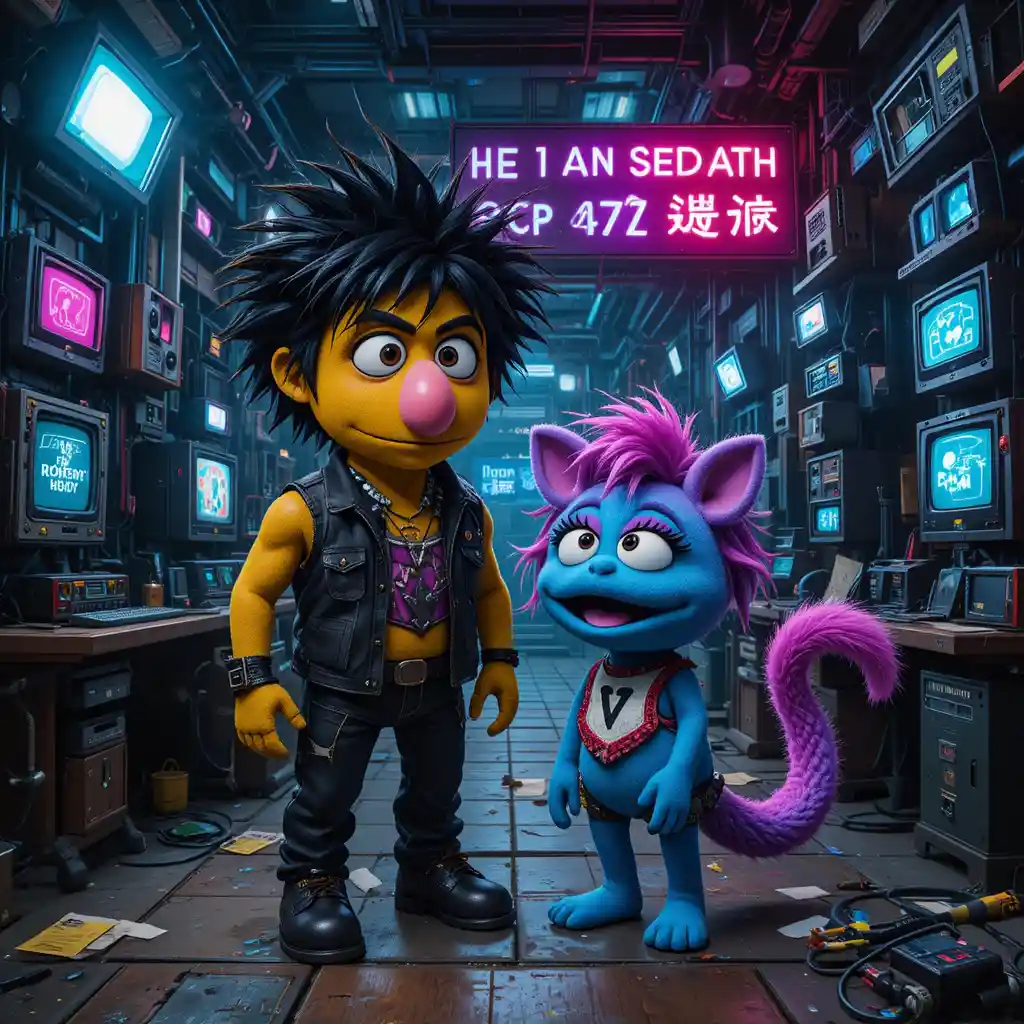 Punk puppet hero in a cyberpunk escape room
