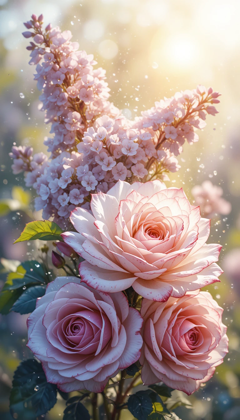 Delicadas rosas acuarela blancas y lila sobre un fondo soleado